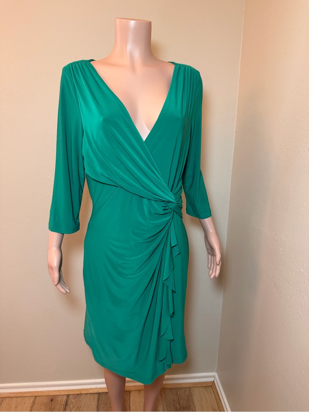 Teal Green Draped Wrap Midi Dress with Side Knot